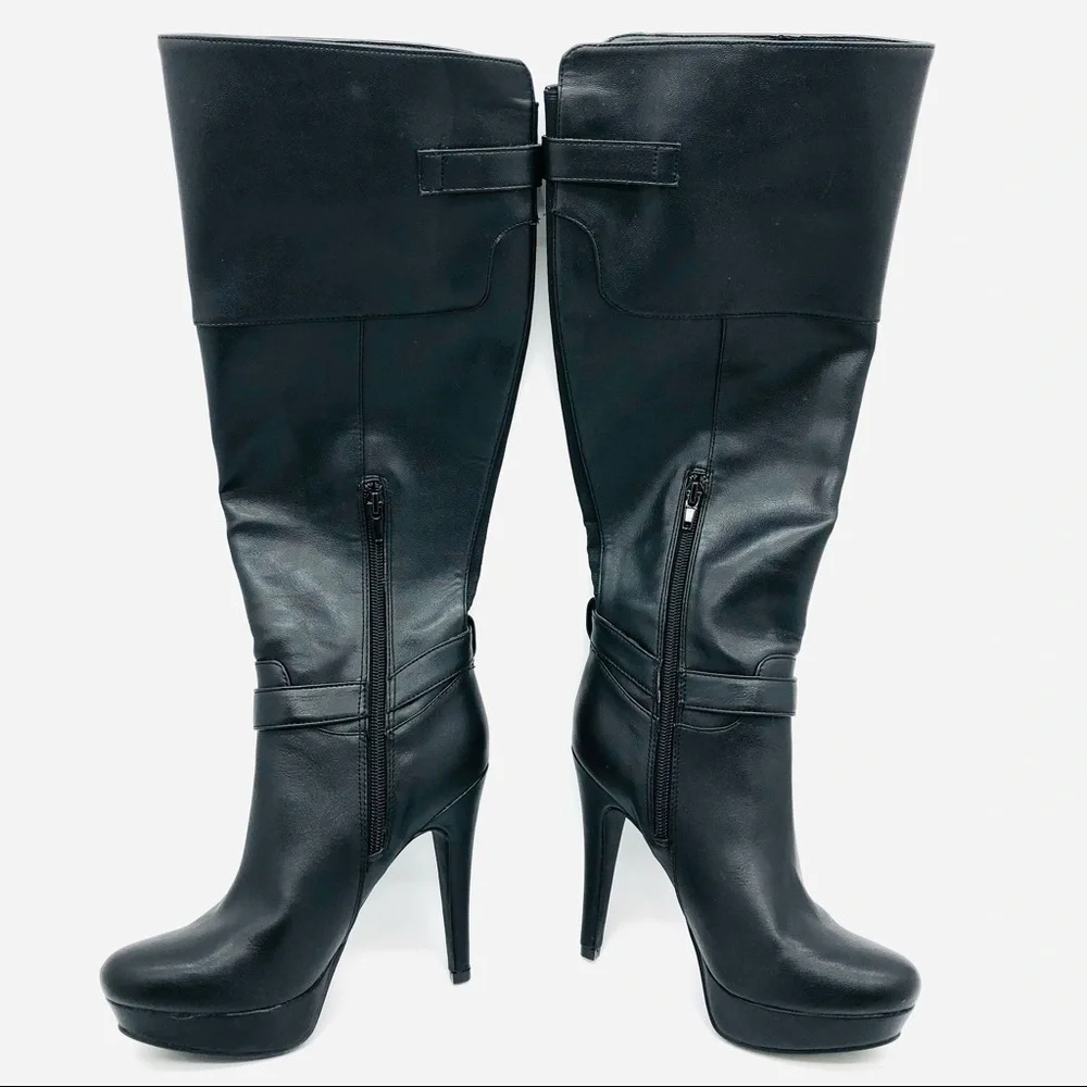 G by Guess Black High Heeled Leather Boots Knee High Buckle 6.5 M barely used - Picture 2 of 9